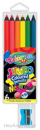 Kredki ołówkowe okrągłe neonowe Jumbo 6 kolorów + temperówka COLORINO